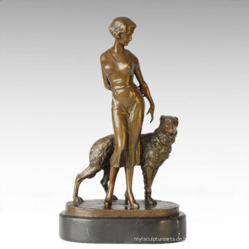 Klassische Figur Statue Maiden Hund Bronze Skulptur TPE-325